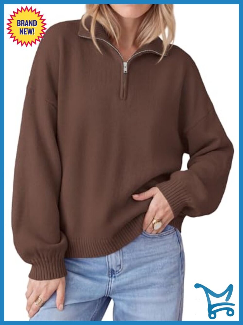 Oversized Quarter Zip Pullover Sweater Drop Shoulder Knit